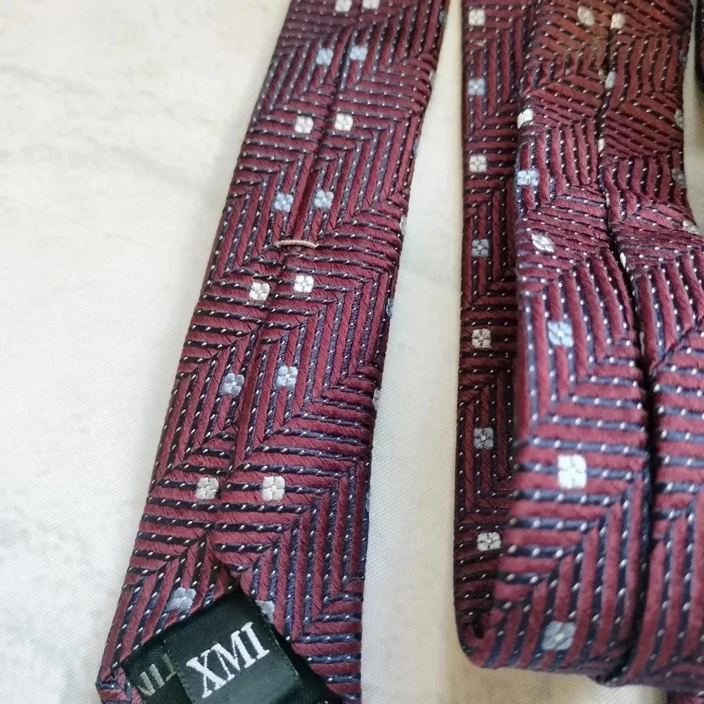 XMI PLATINUM SILK NECKTIE TIE MAROON WHITE DOTS HANDMADE
